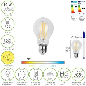 Ampoule LED à filament standard, filetage E27. 10 watts. Équivalent à 80 watts. 1521 Lumens. Lumière chaude 2700º K.