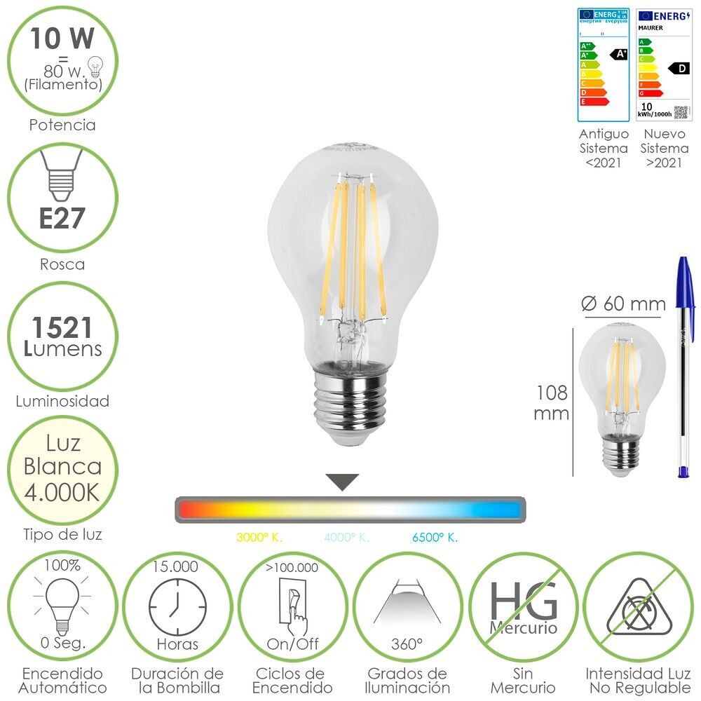Standard Filament Led Bulb E27 Thread.  10 Watt.  Equivalent to 80 Watt.  1521 Lumens.  Neutral Light 4000º K.