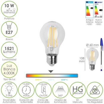 Ampoule LED à filament standard, filetage E27. 10 watts. Équivalent à 80 watts. 1521 Lumens. Lumière neutre 4000º K.