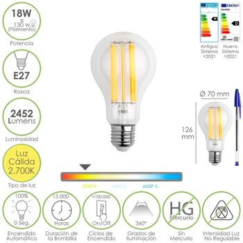 Ampoule LED à filament standard, filetage E27. 18 watts. Équivalent à 130 watts. 2462 Lumens. Lumière chaude 2.700ºK.