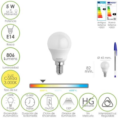 Spherical Led Bulb E14 Thread.  5 Watts.  Equivalent to 55 Watt.  806 Lumens.  Dimmable Warm Light (3000º K.) 