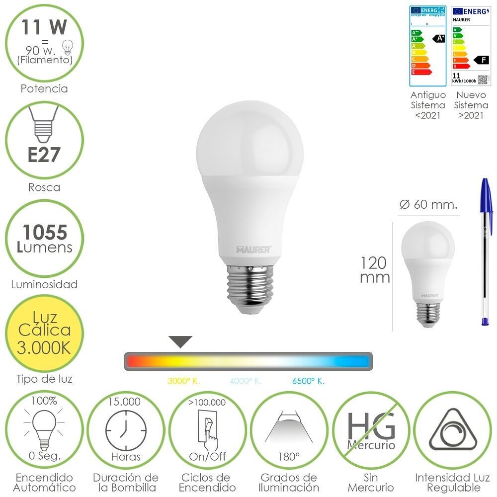 Standard Led Bulb E27 Thread.  11 Watt.  Equivalent to 90 Watt.  1055 Lumens.  Warm Light (3000º K.) Dimmable