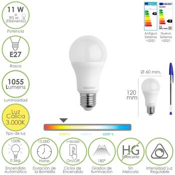 Ampoule LED standard à filetage E27. 11 watts. Équivalent à 90 watts. 1055 Lumens. Lumière chaude (3000º K.) Intensité variable