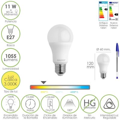 Bombilla Led Estandar Rosca E27. 11 Watt. Equivale A 90 Watt. 1055 Lumenes. Luz Calida (3000º  K.) Dimerable