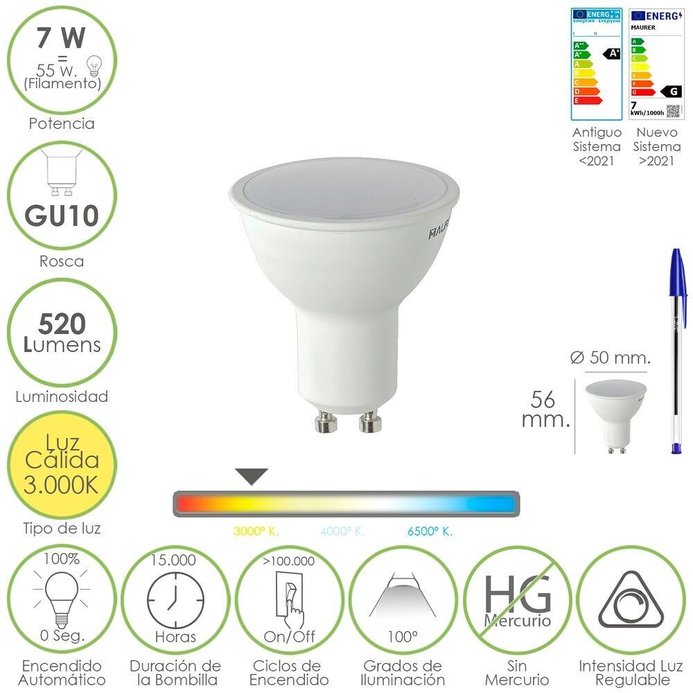 Dichroitische LED-Glühbirne mit GU10-Gewinde.  7 Watt. Entspricht 55 Watt. 520 Lumen. Dimmbares warmes Licht (3000 °K).) 