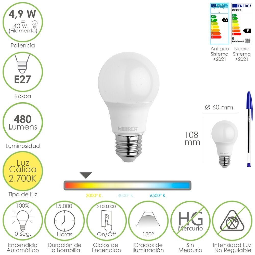 Lampadina LED a filamento globo Mini Thread E14.  4, 5 Watt.  Equivalente a 40 Watt.  Luce calda (2700º K.)470 lumen.