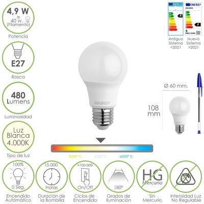 Lampadina Led Standard Filettatura E27.  4.9 Watt.  Equivalente a 40 Watt.  480 lumen.  Luce bianca (4000º K.) 