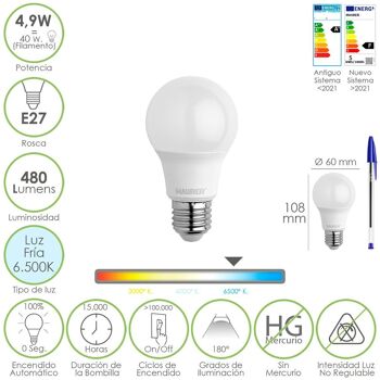 Ampoule LED standard à filetage E27. 4.9 watts. Équivalent à 40 watts. 480 Lumens. Lumière froide (6500º K.) 