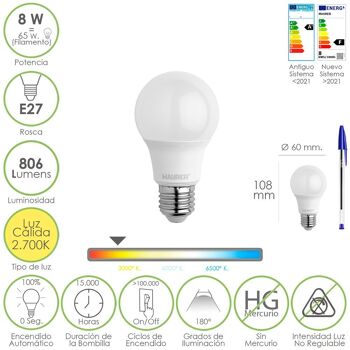 Ampoule LED standard à filetage E27. 8 watts. Équivalent à 65 watts. 806 Lumens. Lumière chaude (2700º K.) 