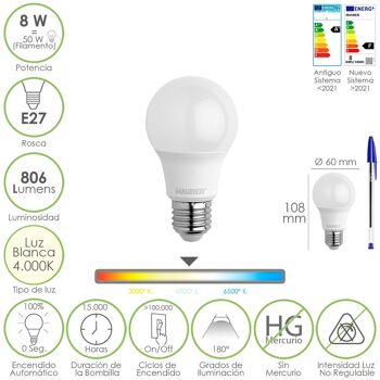 Ampoule LED standard à filetage E27. 8 watts. Équivalent à 65 watts. 806 Lumens. Lumière neutre (4000º K.) 