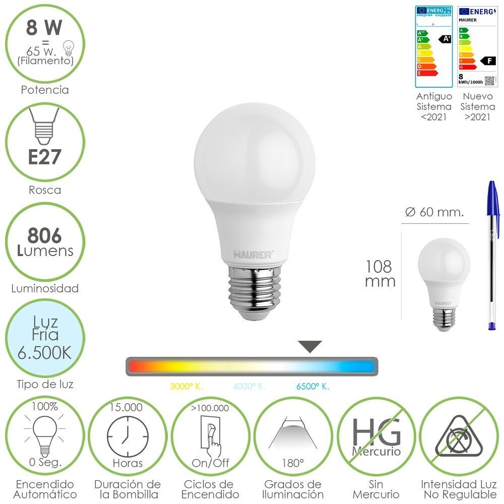Lampadina Led Standard Filettatura E27.  8 Watt.  Equivalente a 65 Watt.  806 lumen.  Luce fredda (6500º K.) 