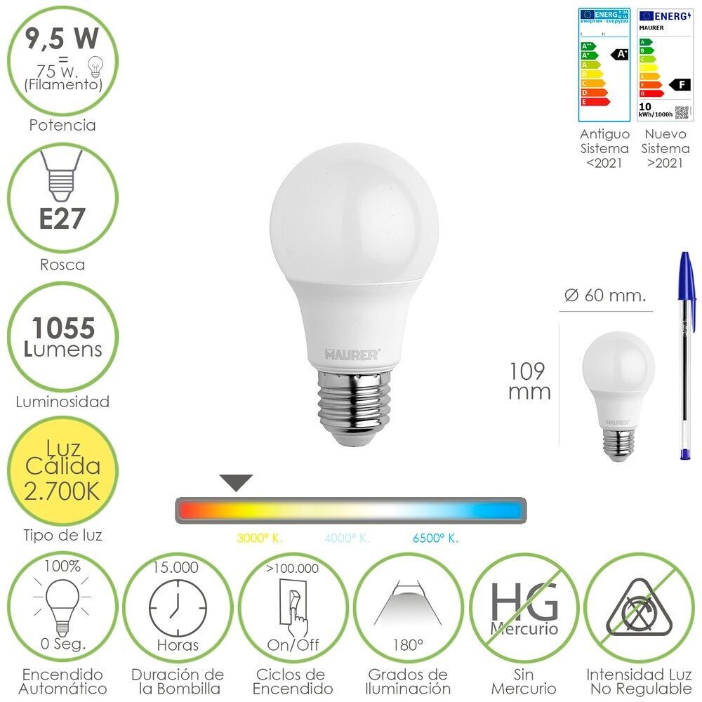 Lampadina Led Standard Filettatura E27.  9.5 Watt.  Equivalente a 75 Watt.  1055 lumen. Luce calda (2700º K)