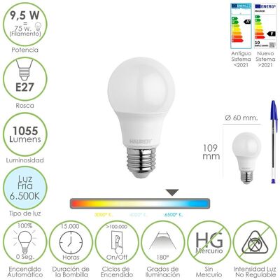 Bombilla Led Estandar Rosca E27. 9.5 Watt. Equivale A 75 Watt. 1055 Lumenes. Luz Fría (6500º  K.)