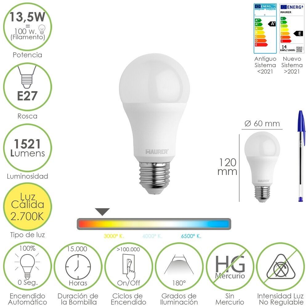 Lampadina Led Standard Filettatura E27.  13,5 Watt.  Equivalente a 100 Watt.  1521 lumen.  Luce calda (3000º K.) 