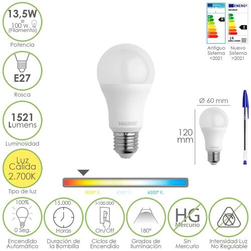 Bombilla Led Estandar Rosca E27. 13, 5 Watt. Equivale A 100 Watt. 1521 Lumenes. Luz Calida (3000º  K.)