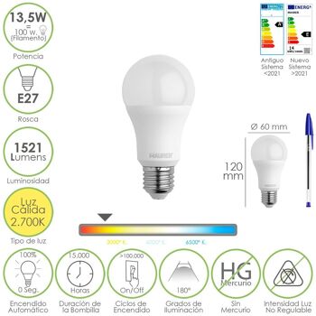 Ampoule LED standard à filetage E27. 13,5 watts. Équivalent à 100 watts. 1521 Lumens. Lumière chaude (3000º K.) 