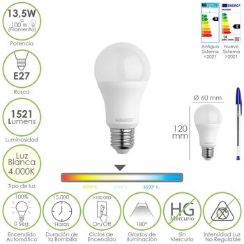Ampoule LED standard à filetage E27. 13,5 watts. Équivalent à 100 watts. 1521 Lumens. Lumière neutre (4000º K.) 
