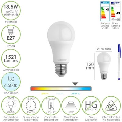 Bombilla Led Estandar Rosca E27. 13, 5 Watt. Equivale A 100 Watt. 1521 Lumenes. Luz Fría (6500º  K.)