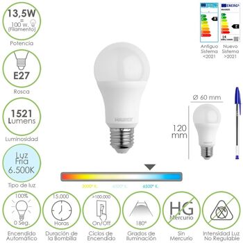 Ampoule LED standard à filetage E27. 13,5 watts. Équivalent à 100 watts. 1521 Lumens. Lumière froide (6500º K.) 