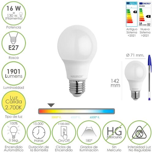 Bombilla Led Estandar Rosca E27. 16 Watt. Equivale A 130 Watt. 1901 Lumenes. Luz Calida 2.700º  K.