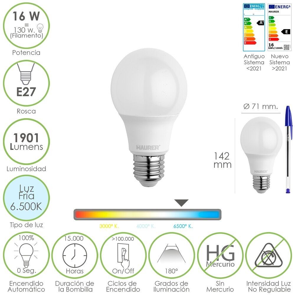 Lampadina Led Standard Filettatura E27.  16 Watt.  Equivalente a 130 Watt.  1901 lumen.  Luce fredda 6500º K.) 