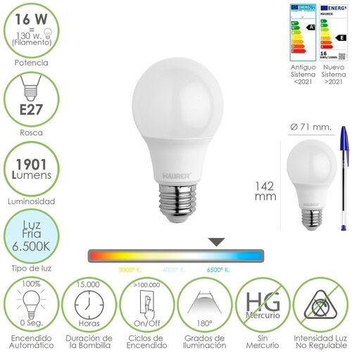 Bombilla Led Estandar Rosca E27. 16 Watt. Equivale A 130 Watt. 1901 Lumenes. Luz Fría 6500º  K.)