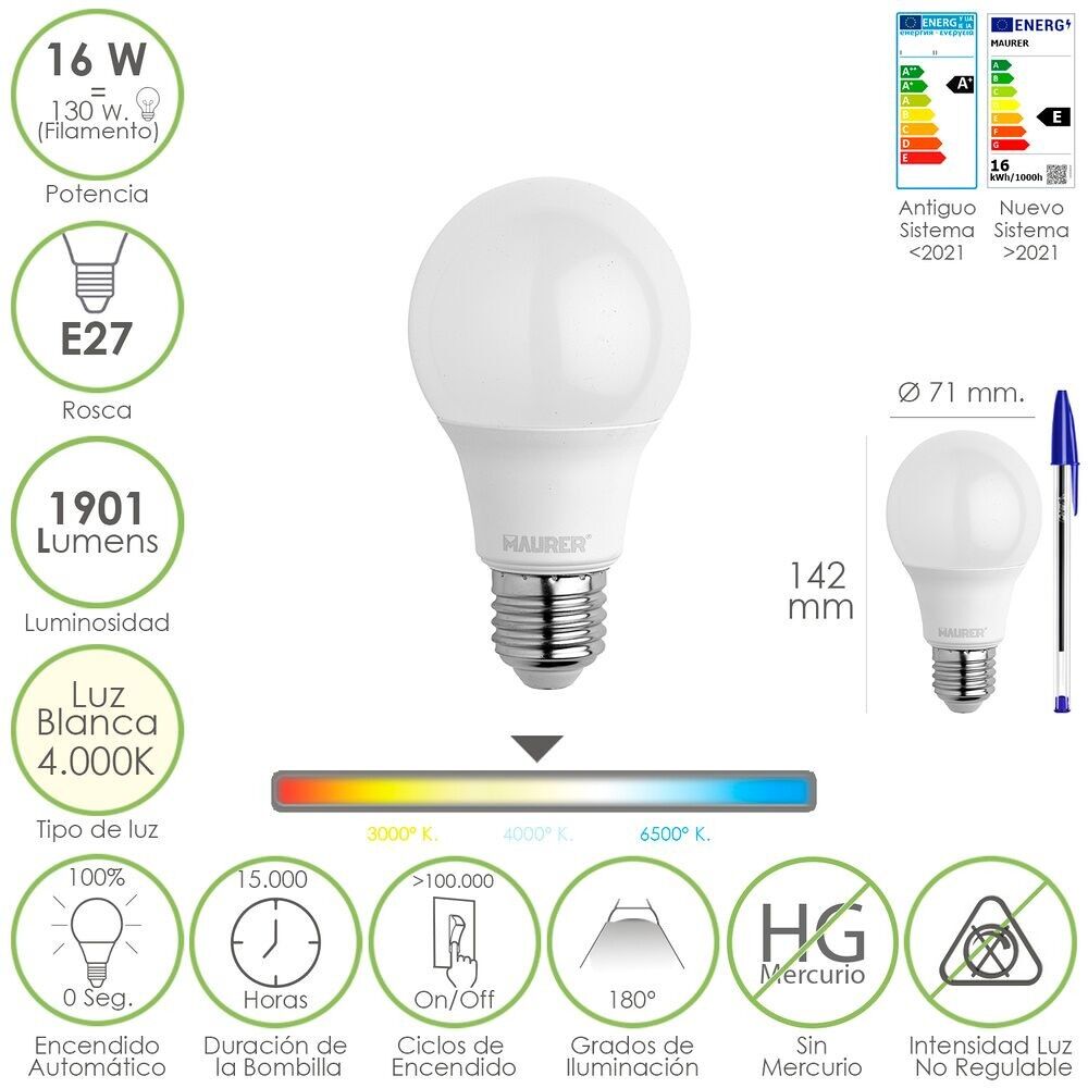 Lampadina Led Standard Filettatura E27.  16 Watt.  Equivalente a 130 Watt.  1901 lumen.  Luce bianca 4000ºK.) 