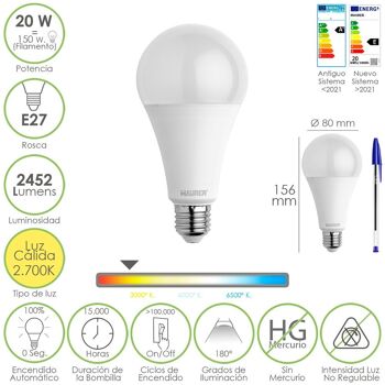 Ampoule LED standard à filetage E27. 20 watts. Équivalent à 150 watts. 2452 Lumens. Lumière chaude (3000º K.) 