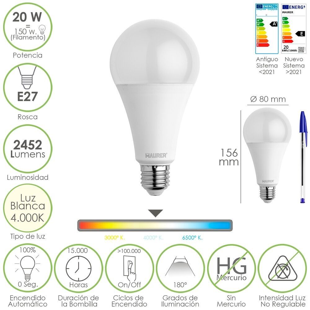 Lampadina Led Standard Filettatura E27.  20 Watt.  Equivalente a 150 Watt.  2452 lumen.  Luce neutra (4000º K.) 