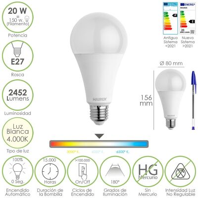 Standard Led Bulb E27 Thread.  20 Watts.  Equivalent to 150 Watt.  2452 Lumens.  Neutral Light (4000º K.) 