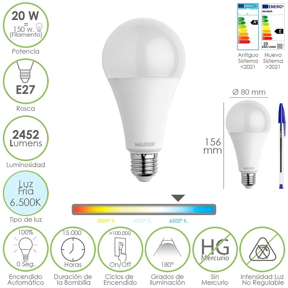 Lampadina Led Standard Filettatura E27.  20 Watt.  Equivalente a 150 Watt.  2452 lumen.  Luce fredda (6500º K.) 