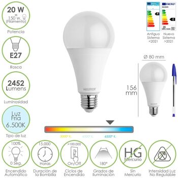 Ampoule LED standard à filetage E27. 20 watts. Équivalent à 150 watts. 2452 Lumens. Lumière froide (6500º K.) 