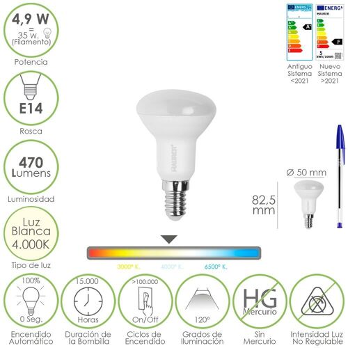 Bombilla Led Reflectante Rosca E14. 4, 9 Watt. Equivale A 35 Watt. 470 Lumenes. Luz Neutra (4000º  K.)