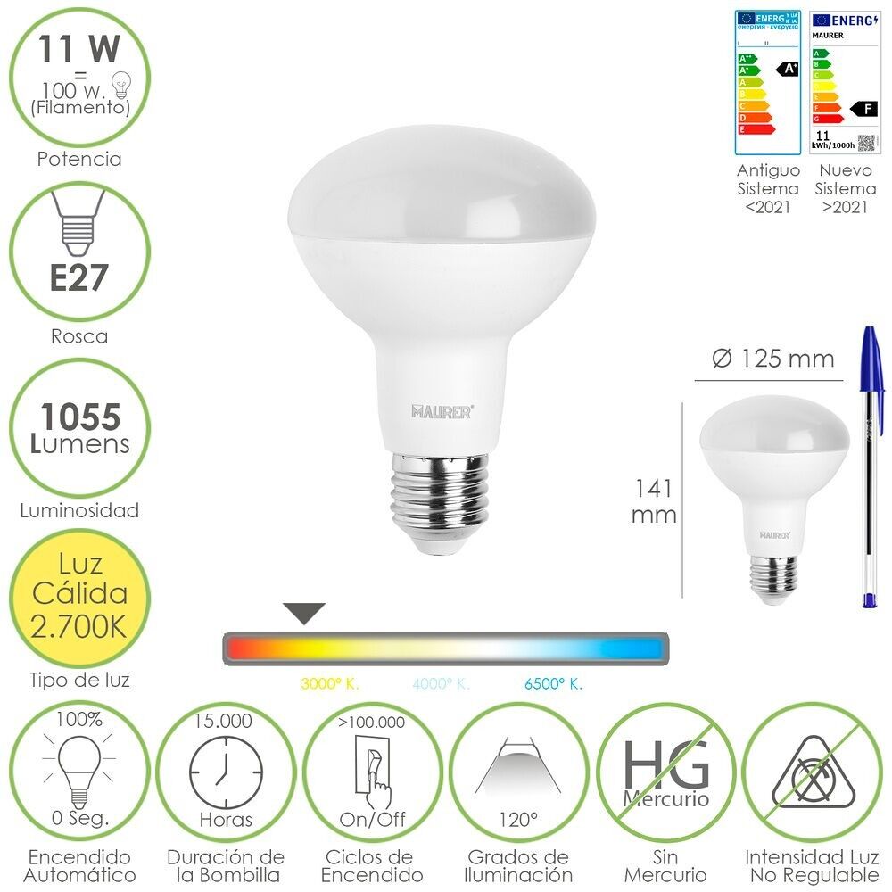 E27 Reflective Led Bulb.  11 Watt.  Equivalent to 100 Watt.  1055 Lumens.  Warm Light 2700º K.