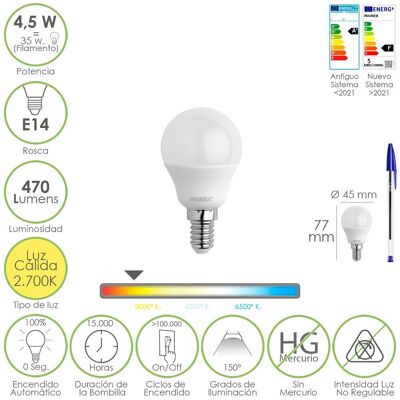 Sphärische LED-Glühbirne E14 Gewinde 4.5 Watt. Entspricht 35 Watt. 470 Lumen. Warmes Licht (00° K)