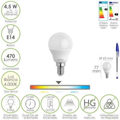 Ampoule Led Sphérique E14 Filetage 4.5 watts. Équivalent à 35 watts. 470 Lumens. Lumière neutre (4000º K)