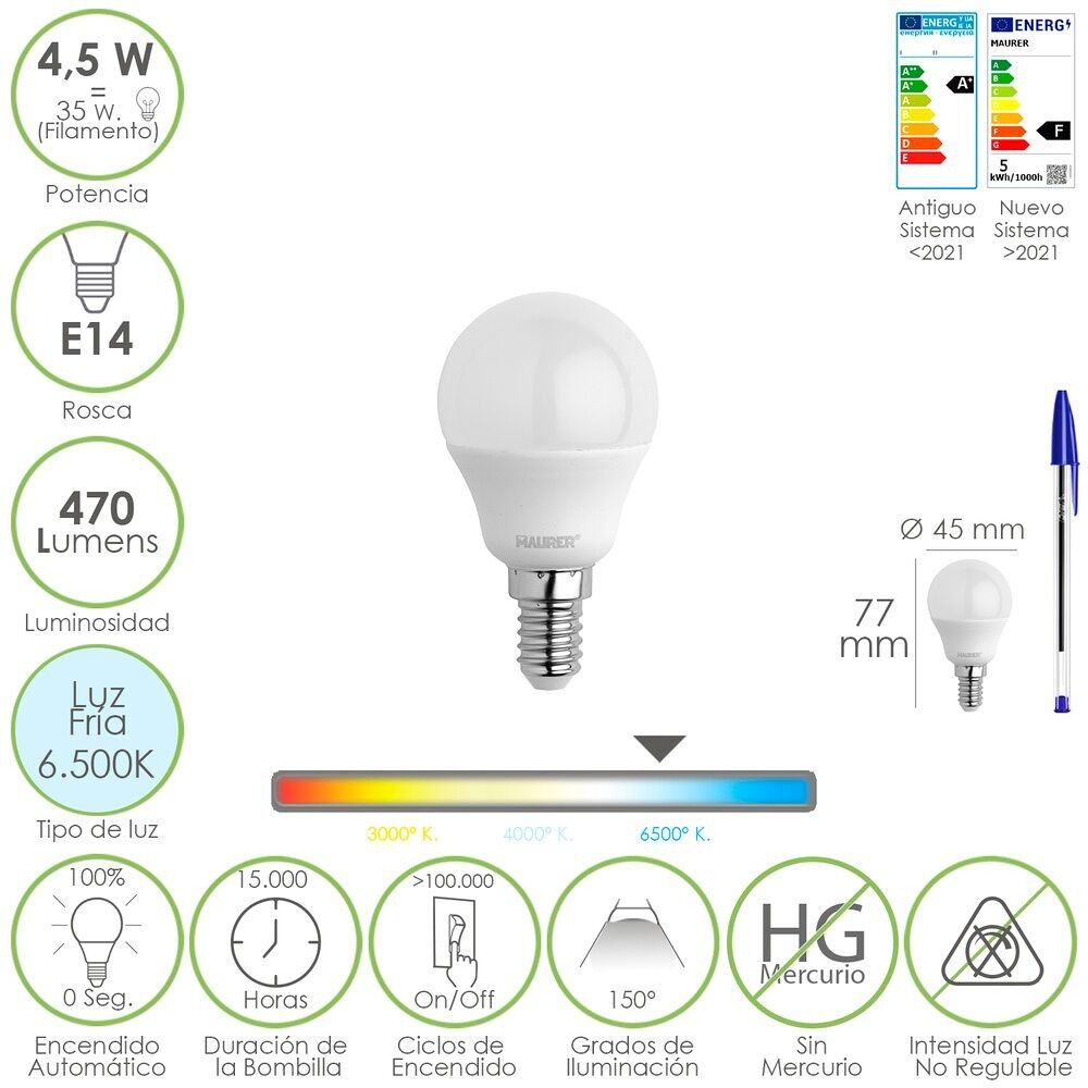 Lampadina Led Sferica Filettatura E14 4.5 Watt.  Equivalente a 35 Watt.  470 lumen. Luce fredda (6500º K)
