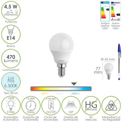 Sphärische LED-Glühbirne E14 Gewinde 4.5 Watt. Entspricht 35 Watt. 470 Lumen. Kaltes Licht (6500º K)