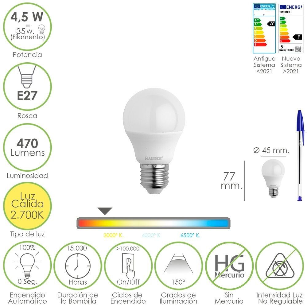 Spherical Led Bulb E27 Thread 4.5 Watts.  Equivalent to 55 Watt.  470 Lumens.  Warm Light (2700º K.) 