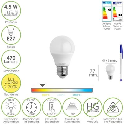 Sphärische LED-Glühbirne E27 Gewinde 4.5 Watt. Entspricht 55 Watt. 470 Lumen. Warmes Licht (2700 ° K.) 
