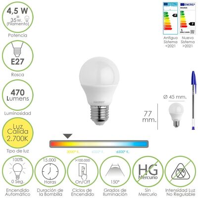 Bombilla Led Esferica Rosca E27 4.5 Watt. Equivale A 55 Watt. 470 Lumenes. Luz Cálida (2700º  K.)