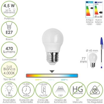 Ampoule Led Sphérique E27 Filetage 4.5 watts. Équivalent à 55 watts. 470 Lumens. Lumière neutre (4000º K)