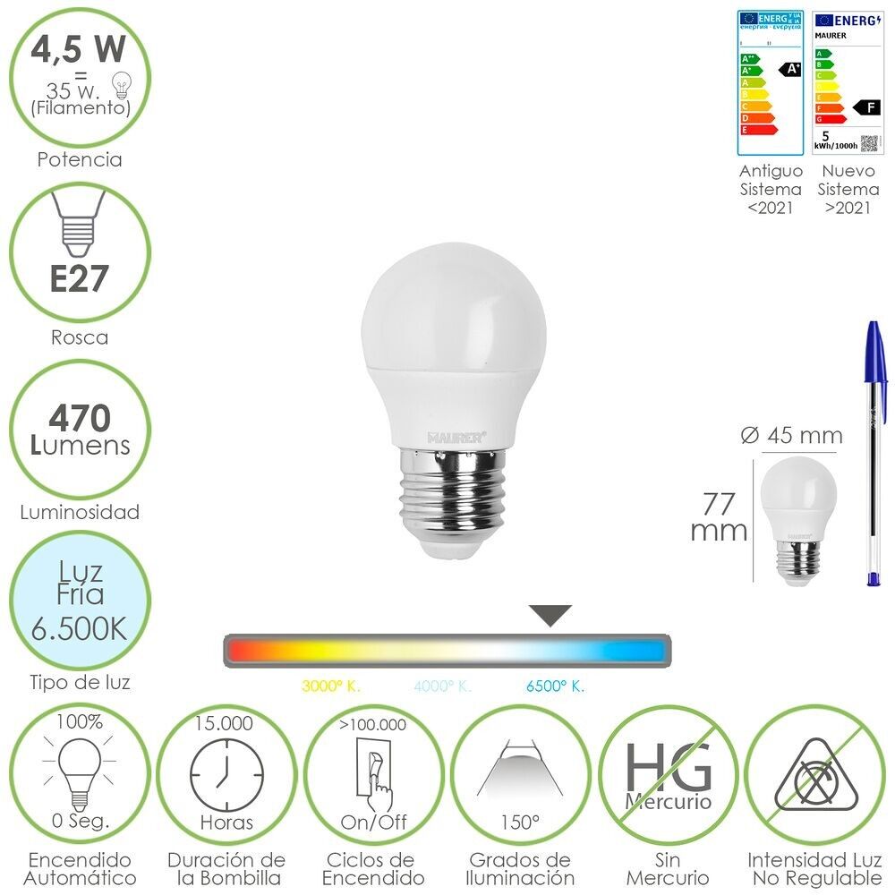 Lampadina Led Sferica Filettatura E27 4.5 Watt.  Equivalente a 55 Watt.  470 lumen. Luce fredda (6500º K)