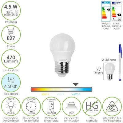 Sphärische LED-Glühbirne E27 Gewinde 4.5 Watt. Entspricht 55 Watt. 470 Lumen. Kaltes Licht (6500º K)