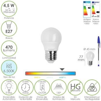 Ampoule Led Sphérique E27 Filetage 4.5 watts. Équivalent à 55 watts. 470 Lumens. Lumière froide (6500º K)