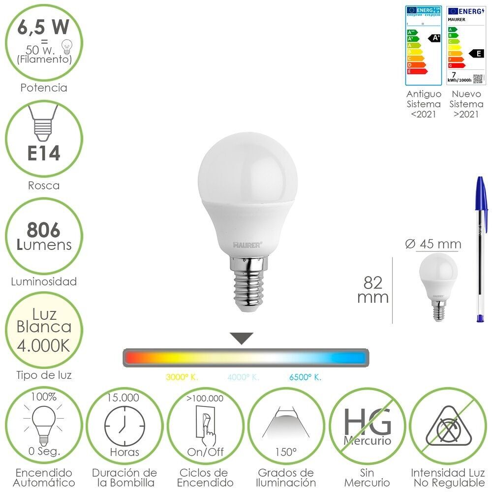 Lampadina a led con sfera filettata E14.  6.5 Watt.  Equivalente a 50 Watt.  806 lumen.  Luce neutra 4000º K.