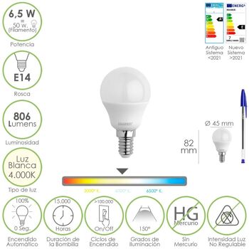 Ampoule LED sphérique à filetage E14. 6.5 watts. Équivalent à 50 watts. 806 Lumens. Lumière neutre 4000º K.