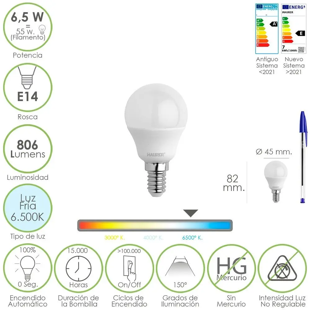 Buy wholesale E14 Thread Sphere Led Bulb. 6.5 Watts. Equivalent to 55 ...
