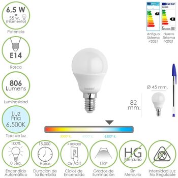 Ampoule LED sphérique à filetage E14. 6.5 watts. Équivalent à 55 watts. 806 Lumens. Lumière froide 6500º K.