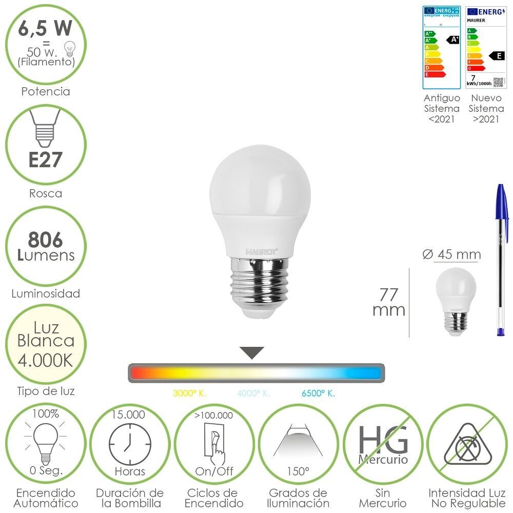 E27 Thread Sphere Led Bulb.  6.5 Watts.  Equivalent to 50 Watt.  806 Lumens.  Neutral Light 4000º K.